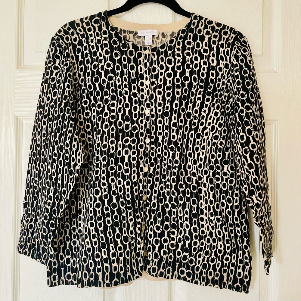 Charter Club Black White Chain Link Print Cardigan Button Front